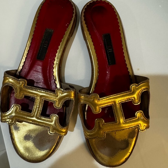 Carolina Herrera Gold Slide Sandals - Picture 1 of 2